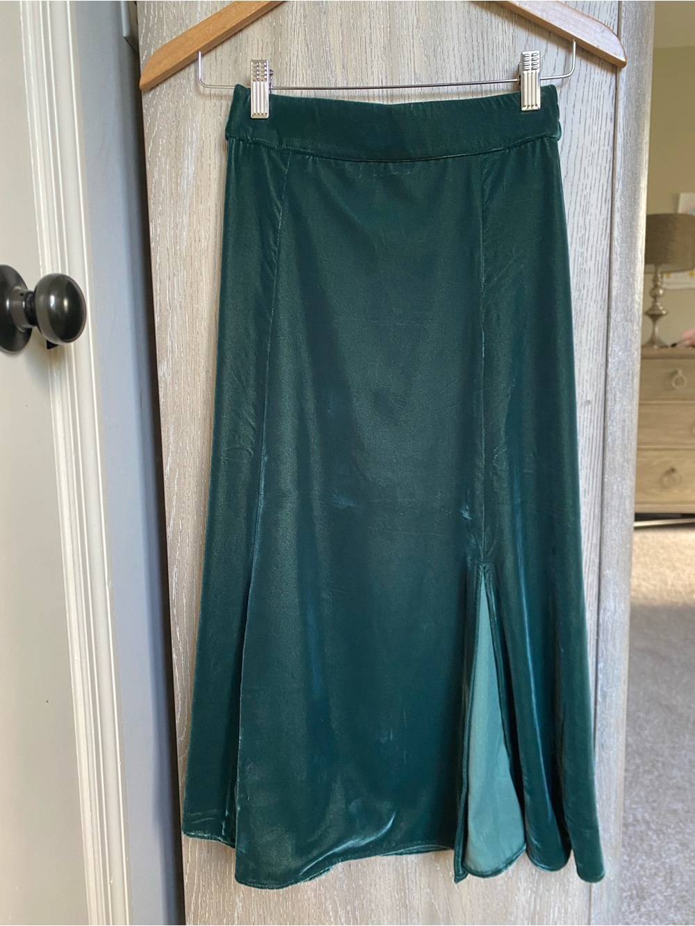 J. Crew Dark Green Satin Midi Skirt with Front Slit